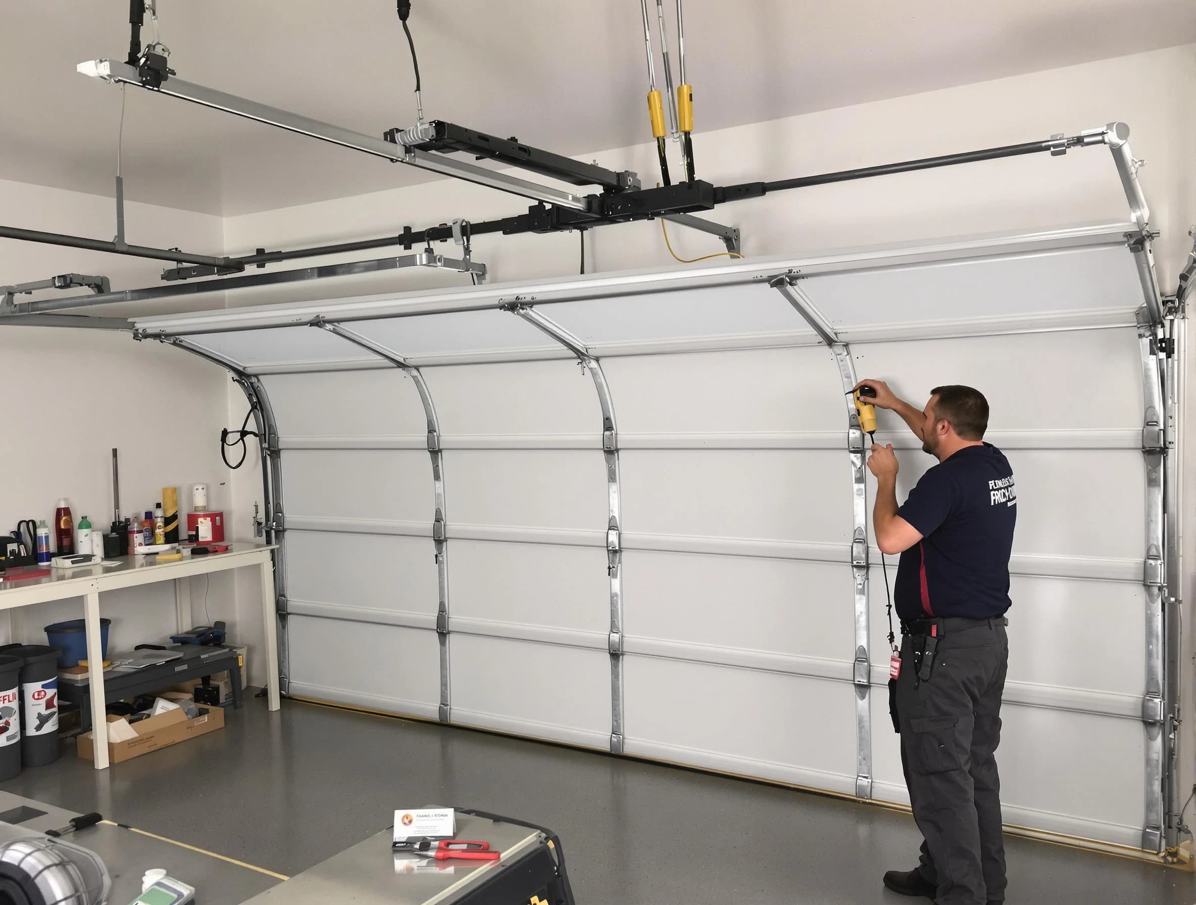 Fair Lawn Garage Door Repair certified technician performing overhead door system repair in Fair Lawn