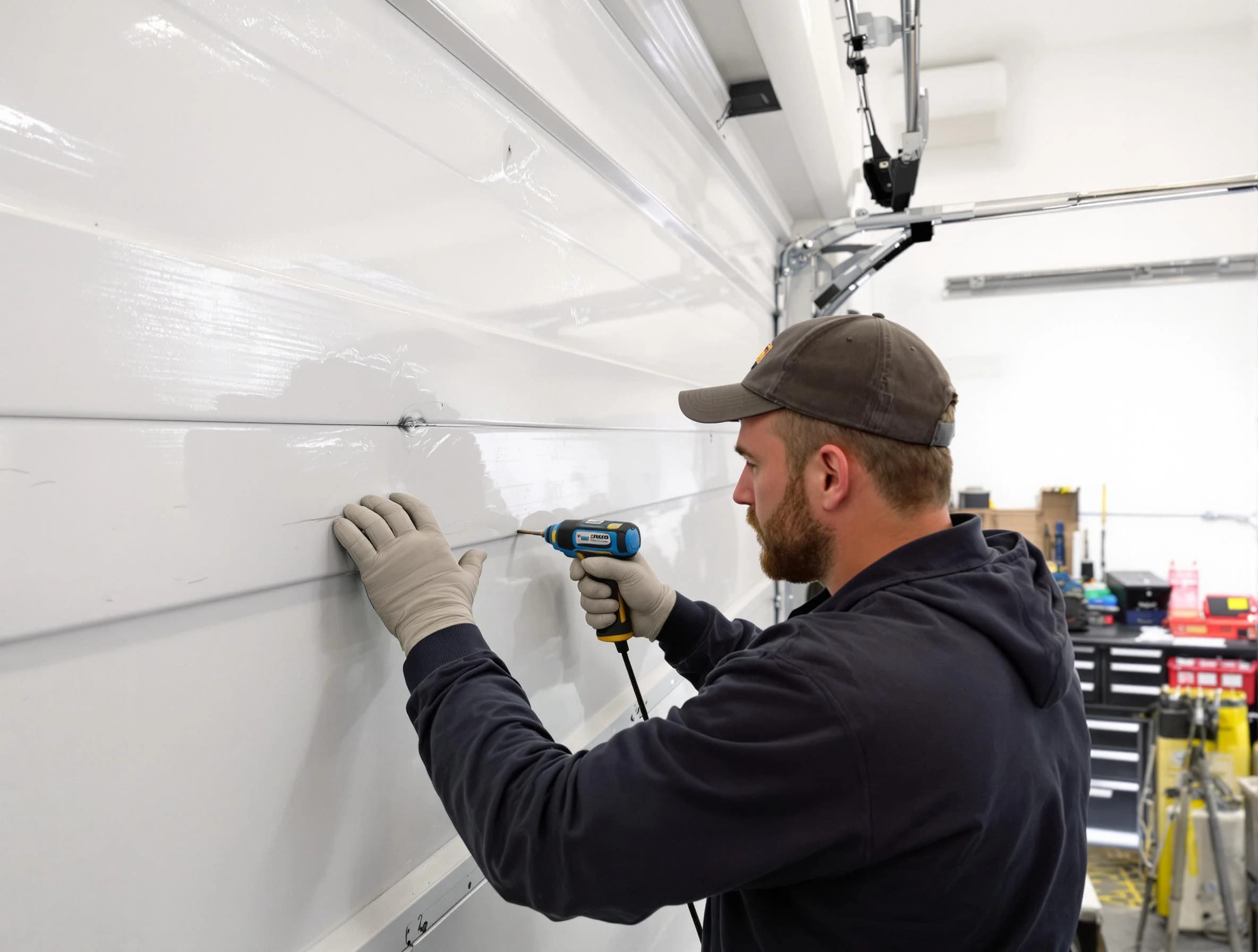 Fair Lawn Garage Door Repair technician demonstrating precision dent removal techniques on a Fair Lawn garage door