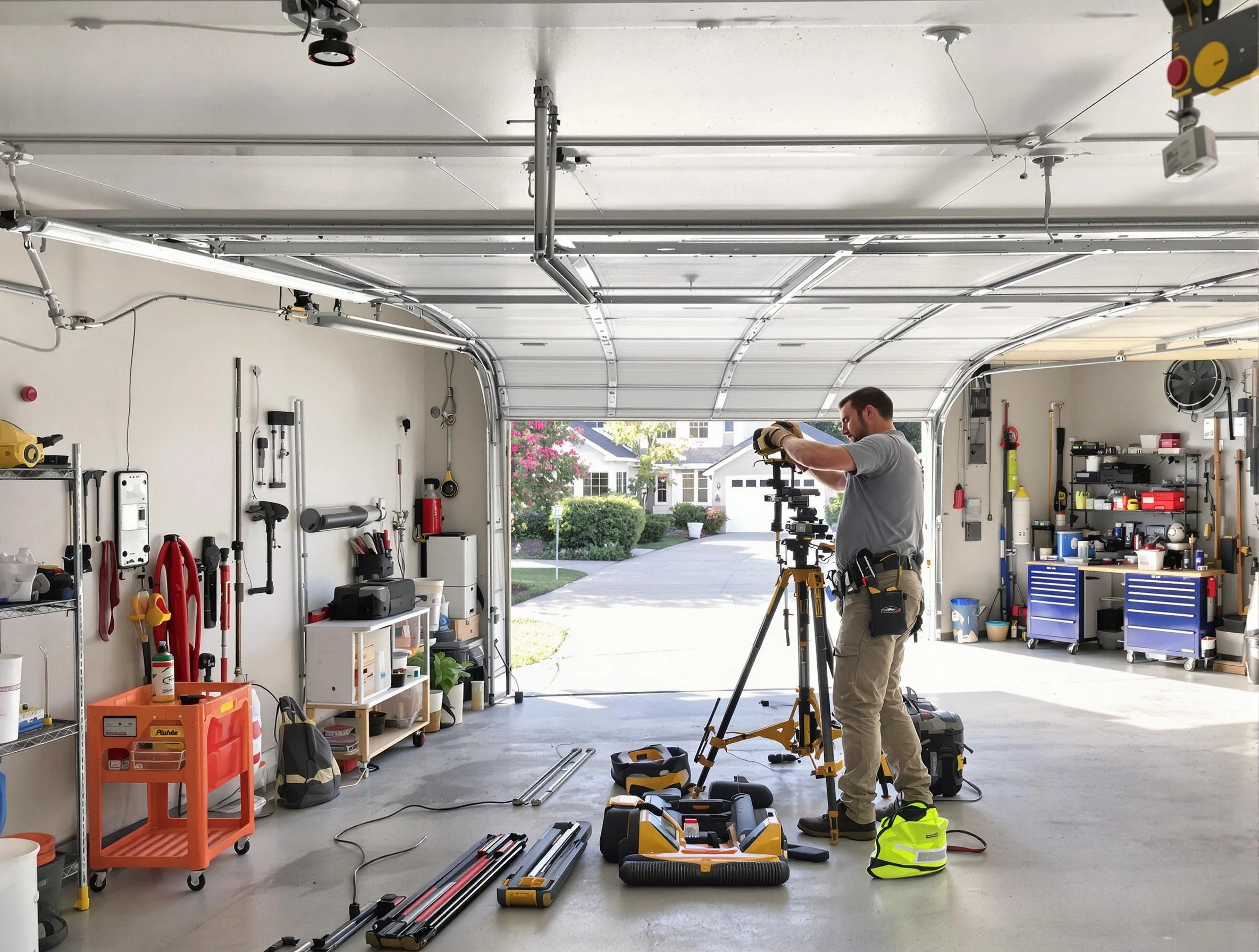 Fair Lawn Garage Door Repair specialist performing laser-guided track alignment in Fair Lawn